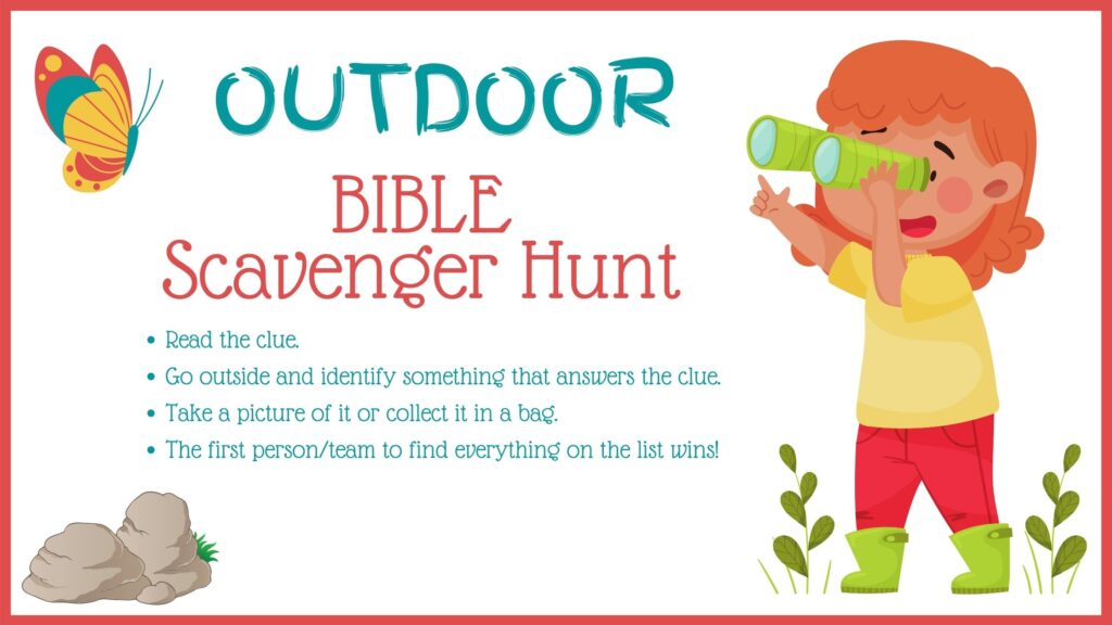 colorful graphic of a child holding a telescope looking for Bible scavenger hunt clues