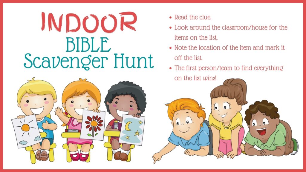 colorful graphic of school children looking for indoor Bible scavenger hunt clues