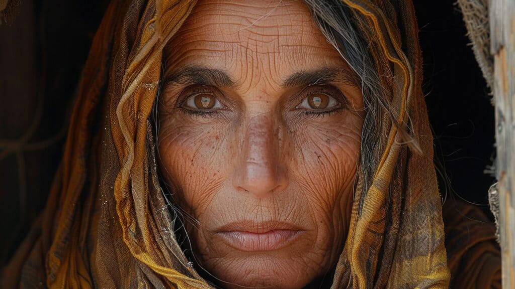 close up of the face of an older woman with a head scarf